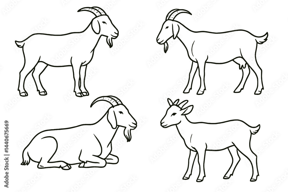 Poster illustration of different goat poses showcasing unique features and behaviors in a simple black and 