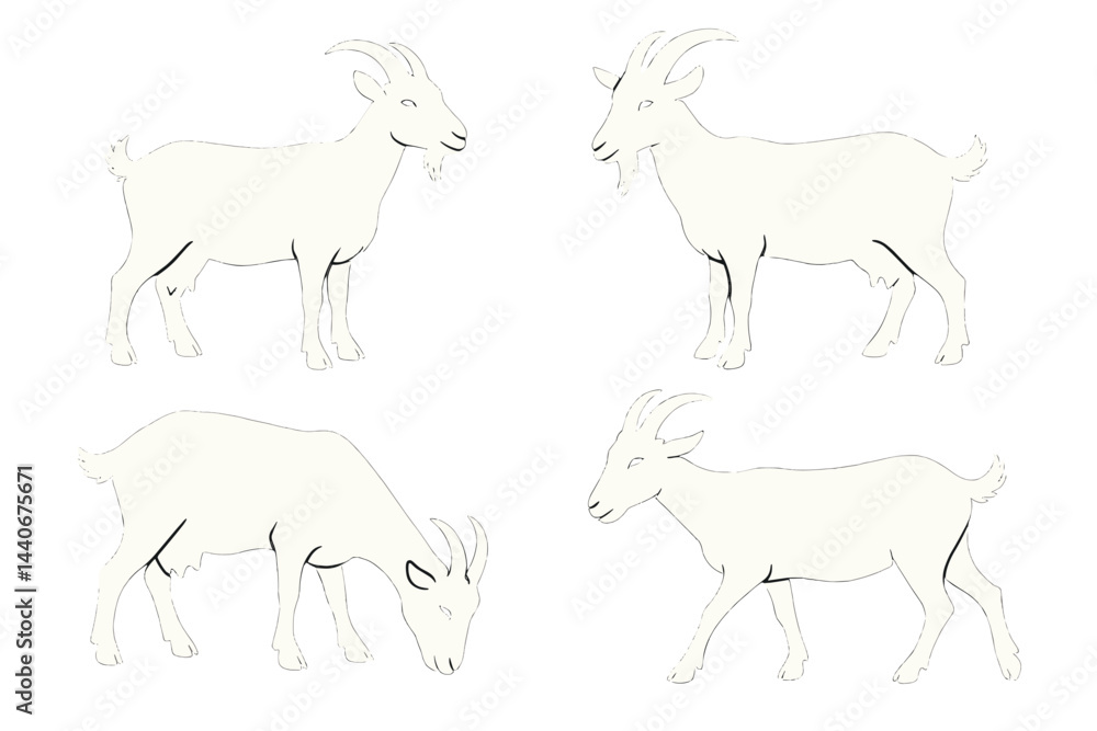 Poster goats in various poses displayed in a simple, artistic style showcasing their playful nature and uni