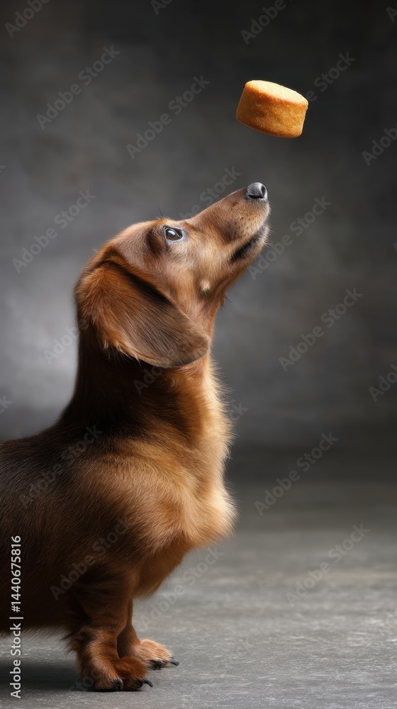 Poster charming dachshund gazes up at a floating treat against a textured gray backdrop in a studio setting