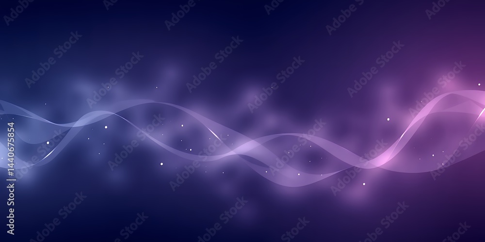 Poster abstract background with flowing light waves and small glowing particles in dark space