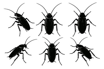 Collection of various cockroach silhouettes in black on a white background showcasing intricate details of their anatomy