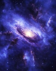 Obraz premium Mesmerizing cosmic spiral galaxy with vibrant blue and purple hues and sparkling stars in deep space celestial backdrop creating a sense of wonder and exploration