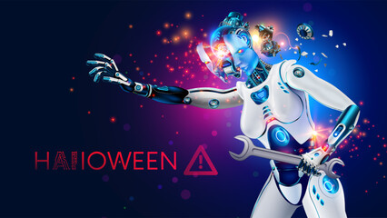 A scary AI cyborg robot with artificial intelligence has turned into a zombie and is attacking with a wrench. The zombie creepy humanoid robot broke down and attacked the owner. Halloween party poster
