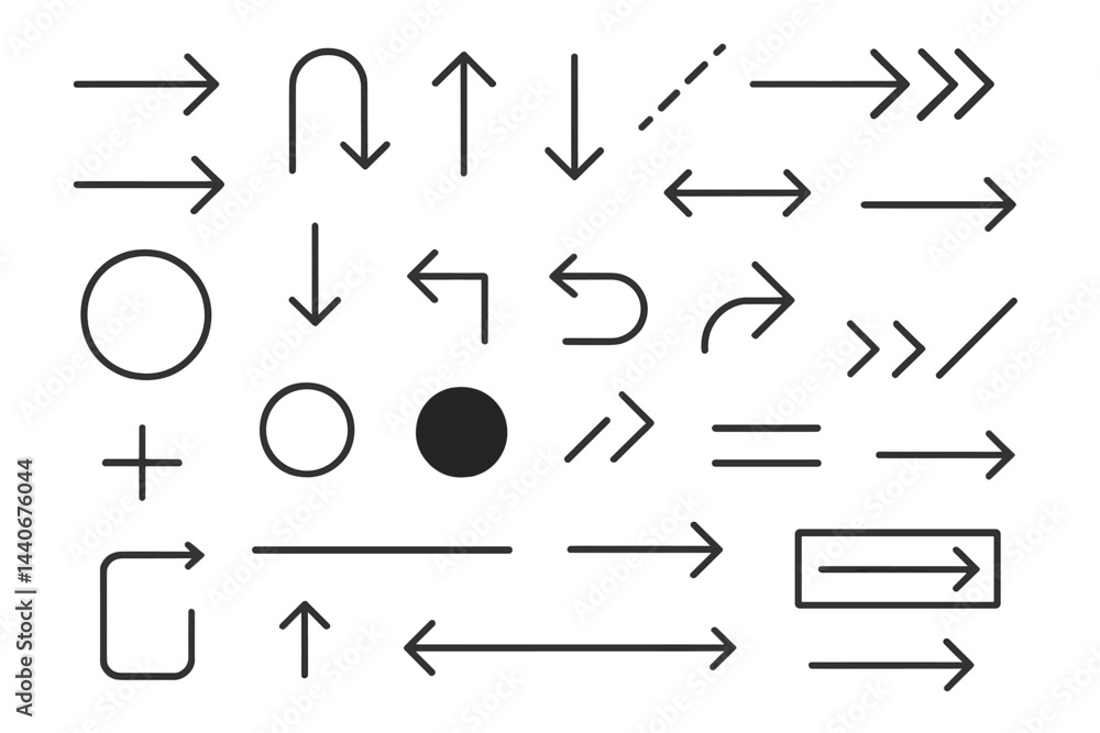 Poster various arrow designs and symbols in black and white arranged in a creative pattern for graphic desi