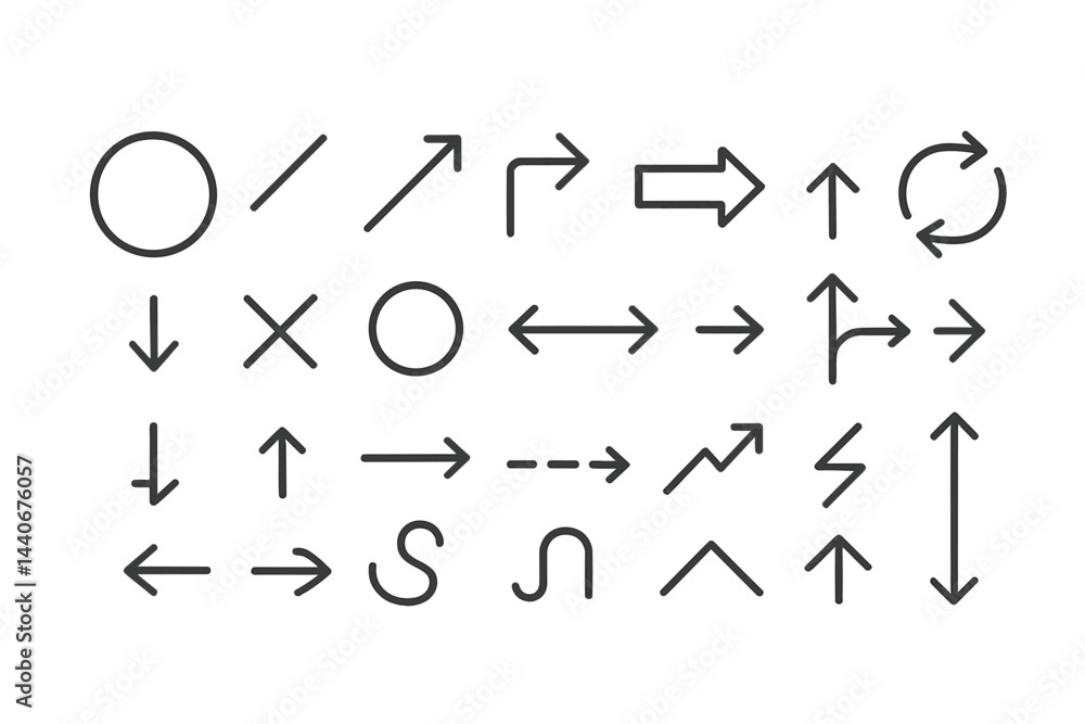 Poster vector symbols depicting various directional arrows and shapes used for graphic design and user inte