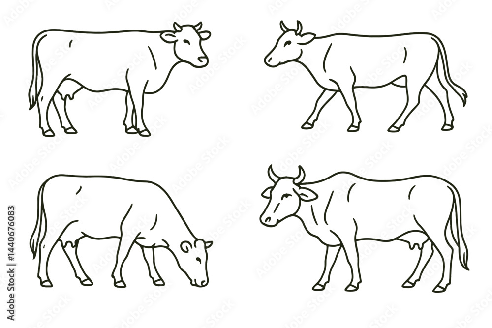 Poster illustrations of cows in different poses showcasing their features and characteristics on a plain ba