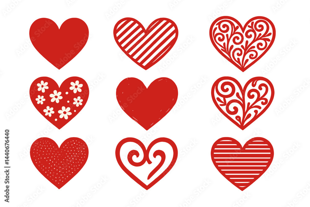 Poster collection of various decorative heart designs in vibrant red showcasing different patterns and styl