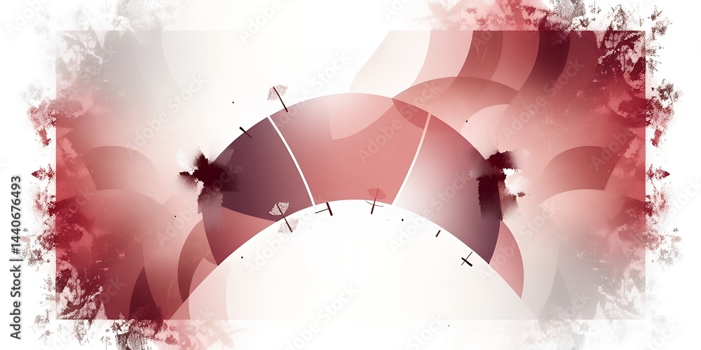 Poster abstract design featuring overlapping circles and radial lines in shades of red and white