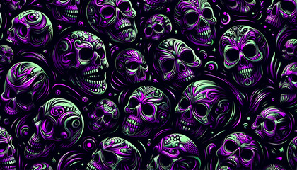 A pattern of skulls in a dark background