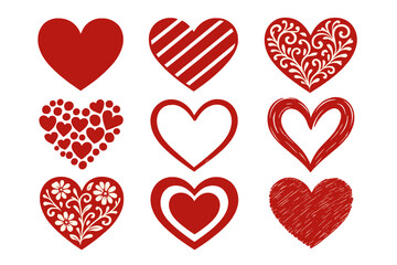 Various red heart designs displayed in a grid pattern for decoration or artistic inspiration