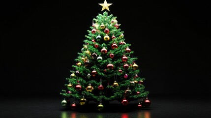 Fototapeta premium Decorated Christmas tree on black background.