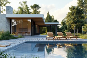 Serene modern house exterior with pool reflecting sky and trees, wooden deck chairs, glass walls, natural light, tranquil scene, architectural design, summer vibe, landscape view