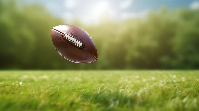 An American football spins in mid-air over a bright green field - Powered by Adobe