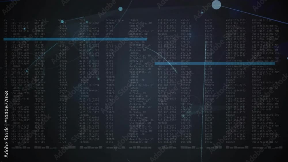 Poster digital columns shifting under highlighted rows while glowing lines streaming over interface
