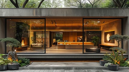 Modern boutique storefront featuring floor-to-ceiling windows and a minimalist interior design, framed by greenery and sleek signage 