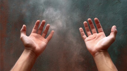 Chalk-dusted hands against dark background