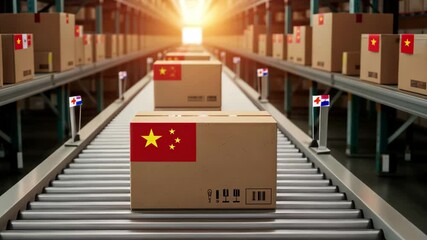 Cardboard boxes with red Chinese flags move along a conveyor belt in a warehouse at sunset, reflecting a busy logistics operation focused on international shipping and trade - Powered by Adobe