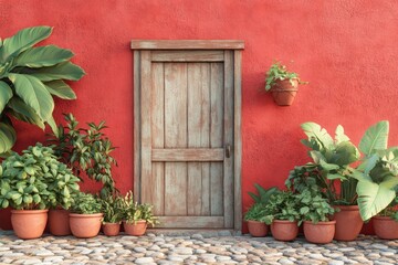 Rustic terracotta exterior with plants and a weathered door.
