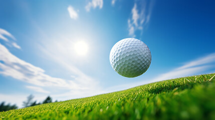 Golf ball captured mid-air above green course after a powerful shot