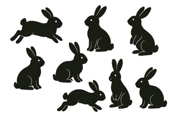 Silhouette rabbits in various poses create a lively and playful animal illustration