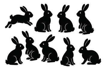 Fototapeta premium Silhouettes of rabbits in various poses showcasing their playful and calm nature in a simple graphic design