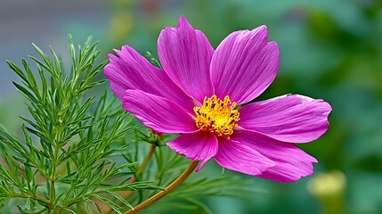 Obraz premium Vibrant pink cosmos flower with yellow center and green foliage in soft focus