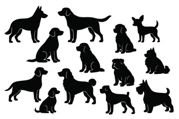 Collection of silhouette dogs in various poses and sizes against a plain background showcasing diversity in dog breeds