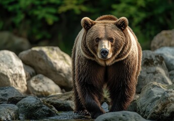Fototapeta premium Majestic Brown Bear Walking Over Rocky Terrain by Peaceful Water Stream in Natural Forest Habitat Surrounded by Lush Greenery and Vibrant Flora