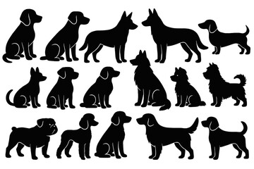 Various breeds of dogs in silhouettes arranged artistically on a white background highlighting their diverse shapes and sizes