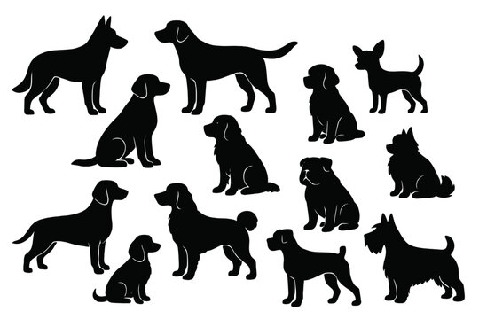 Collection of silhouette dogs in various poses and sizes against a plain background showcasing diversity in dog breeds