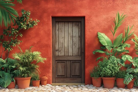 Rustic terracotta facade with aged wooden door and tropical plants.