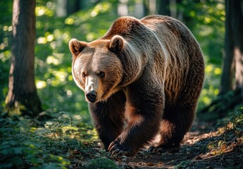 Fototapeta premium Majestic Brown Bear Walking Through Lush Forest, Captivating Wildlife Photography in Natural Habitat with Soft Light and Rich Greenery Surroundings