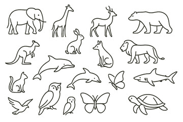 Various animal illustrations in black and white featuring elephants, bears, dolphins, and more