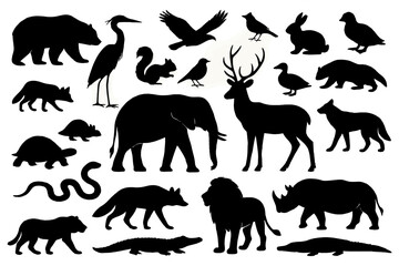 Silhouettes of various animals including bear, elephant, and deer positioned against a white background