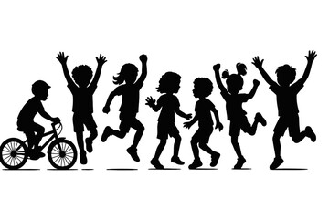 Children celebrating joyfully outdoors while a child bikes nearby in a lively summer setting