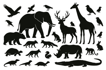 Wildlife silhouettes depicting various animals in black against a white background showcasing the beauty of nature