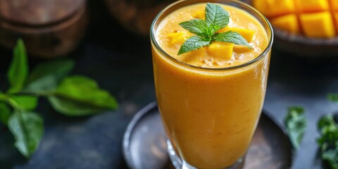 A vibrant orange mango lassi served in a traditional glass.