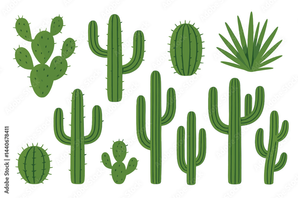 Aufkleber cacti collection showcasing various types and shapes in a desert setting with vibrant green colors