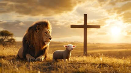 Lion and Lamb at Sunset: A majestic lion lies peacefully beside a gentle lamb, with a wooden cross silhouetted against a breathtaking sunset. This evocative image symbolizes peace, harmony, and faith.