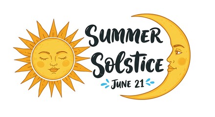 Fototapeta premium Summer Solstice Celebration Art: Smiling Sun & Moon Cartoon Illustration, June 21st Design, Hand-Drawn Celestial Characters for Seasonal Events, Whimsical and Bright