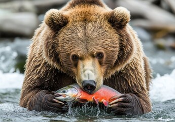 Obraz premium Majestic Grizzly Bear Catches Salmon in Crystal Clear River During Dynamic Natural Habitat Scene in Wild Environment