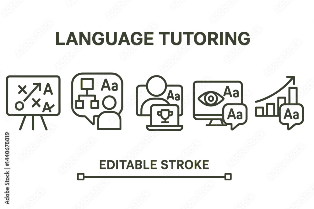 Poster language tutoring sessions illustrated with engaging activities and interactive elements for learner