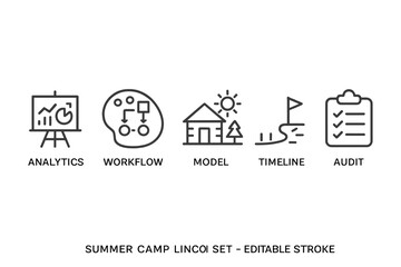 Icons representing various concepts in business management and project tracking with a minimalistic design style