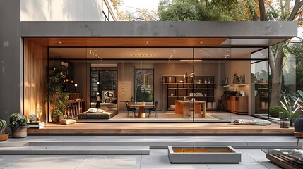 Modern boutique storefront featuring floor-to-ceiling windows and a minimalist interior design, bathed in soft morning light 