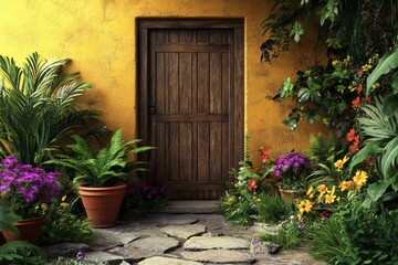 Rustic entranceway with vibrant tropical plants and flowers.