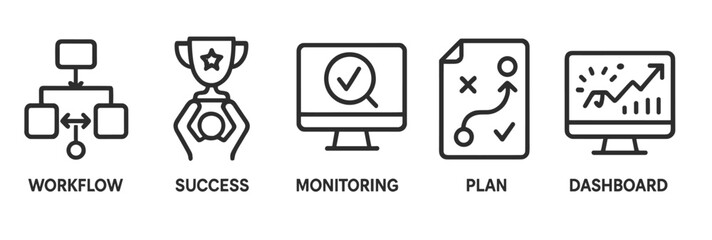 Icons representing workflow, success, monitoring, planning, and dashboard in a business context