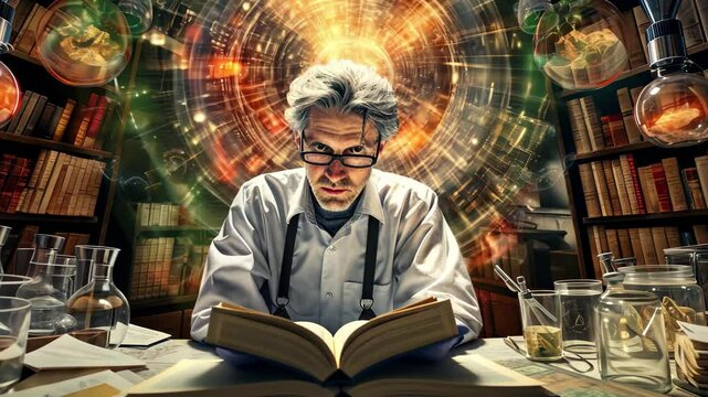 Doctor immersed in research, surrounded by books and laboratory equipment, focuses intensely on findings in a cozy study filled with vibrant colors and glowing elements