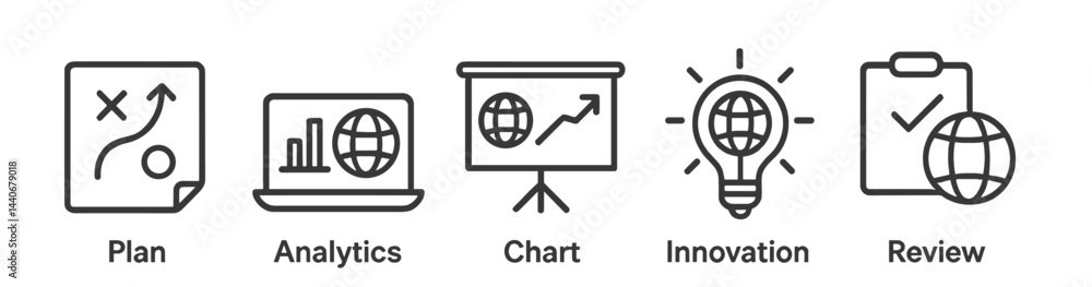 Poster visual representation of strategic planning and analytics in a business context featuring charts and