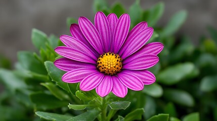 Fototapeta premium Vibrant purple African daisy bloom with yellow center and green foliage in a garden setting