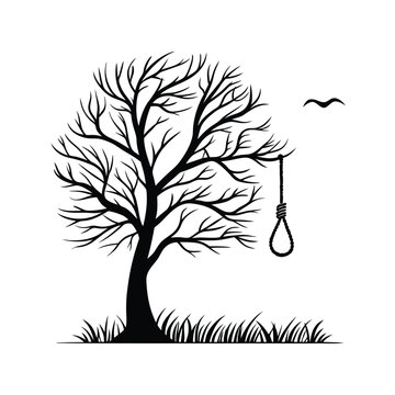 
Dead Tree Silhouette with Hanging Noose and Bird &ndash; Black Vector Illustration for Halloween, Death, and Dark Themes
